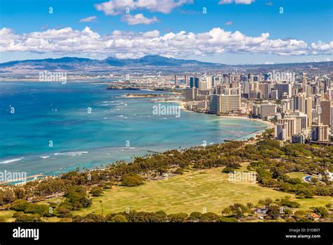 View Of Waikiki Beach And Honolulu Skyline From Diamond Head Stock