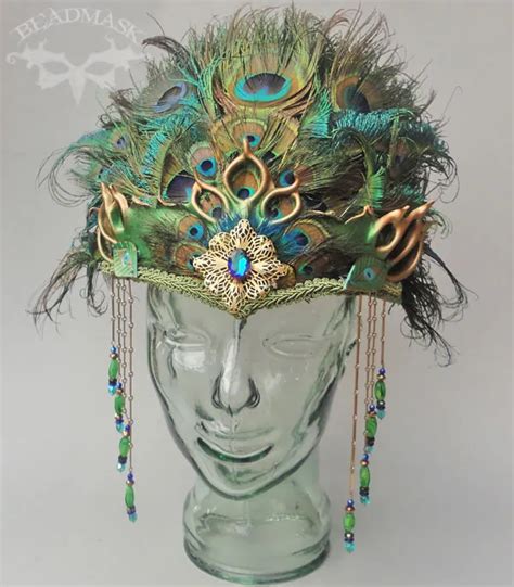 sold leather peacock headdress beadmask