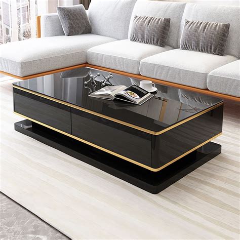 Gapn 51 Black Rectangular Modern Coffee Table With Storage 4 Drawers Tempered Glass Top In 2022