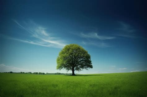 Premium Ai Image A Lone Tree In A Green Field Under A Blue Sky