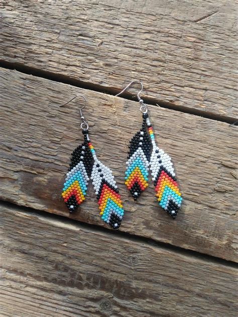 Colorful Feather Seed Bead Earringsnative American Style Beaded