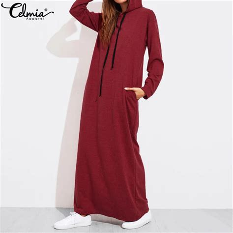 Celmia Plus Size Women Maxi Dress Autumn Hooded Dress Sweatshirt Female