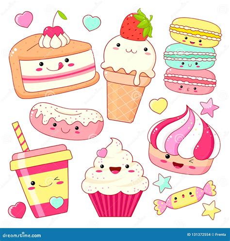 Sistema De Iconos Dulces Lindos En Estilo Del Kawaii Ilustración Del