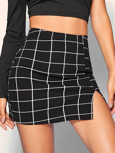 Grid Front Slit Bodycon Mini Skirt Tephem