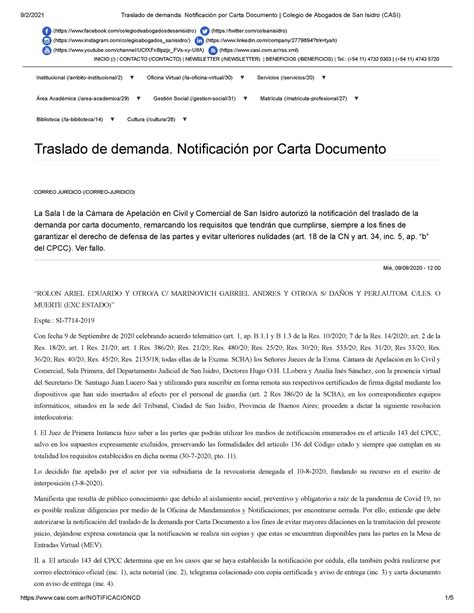 Traslado De Demanda Notificación Por Carta Documento Colegio De