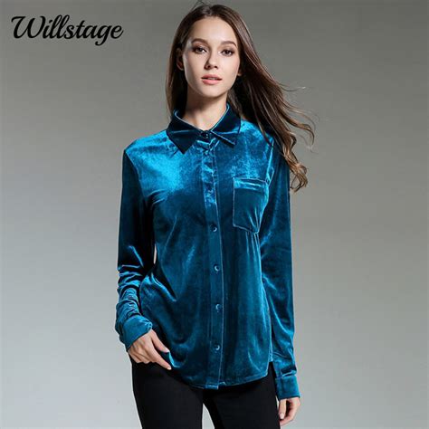 Willstage Long Sleeve Velvet Shirts Women Peacock Blue Blouse New 2018 Spring Tops Button Velour
