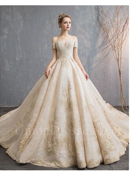princess ball gown off the shoulder corset crystal beaded champagne lace tulle wedding dress