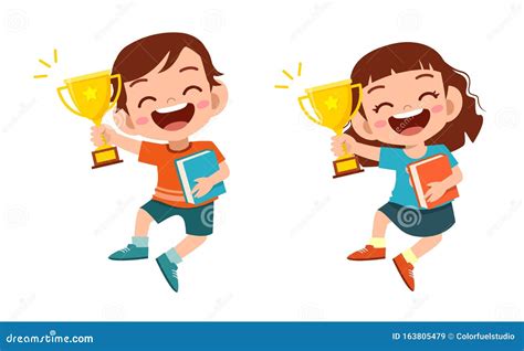 Happy Cute Kids Win Game Gold Trophy Stock Illustration Illustration