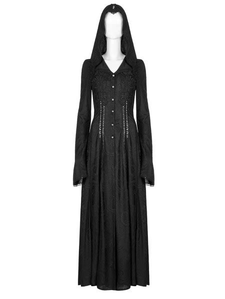 Punk Rave Black Gothic Hollow Out Lace Applique Long Hooded Trench Coat