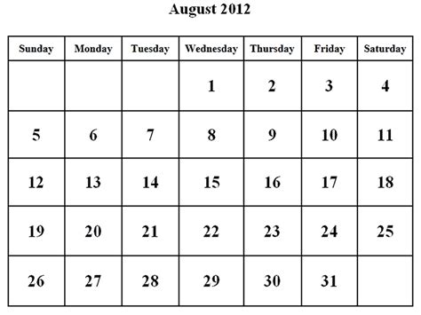 Calendar 2012 Free Printable August Calendar 2012