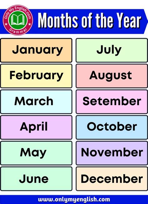 Months Of The Year Poster With Different Colors And Font On Each One