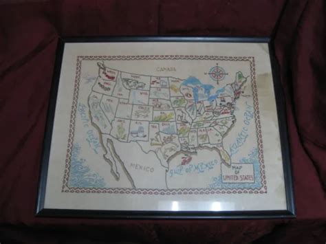 Vintage Usa Map United States Of America Completed Embroidered Sampler