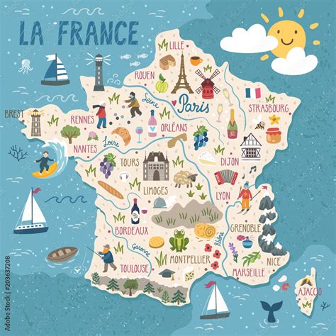 Vector Stylized Map Of France Travel Illustration With French