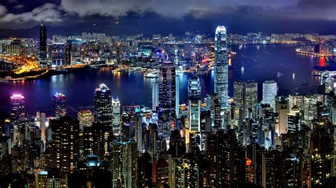 Fond Décran Lumières Paysage Urbain Hong Kong Nuit Bâtiment