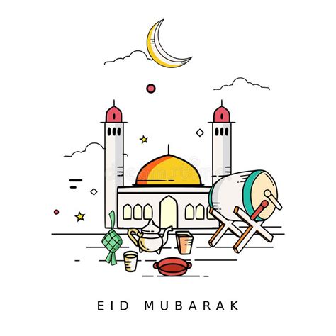 Happy Eid Mubarak With Line Art Illustration Design Vector Stock Vector
