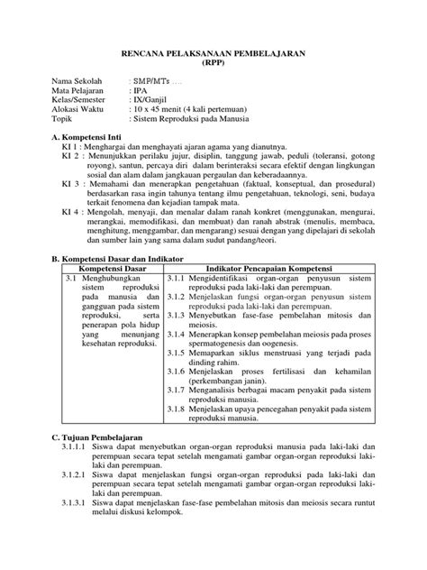 Rpp Sistem Reproduksi Manusia Smp K13 Model Inkuiri Terbimbing Pdf