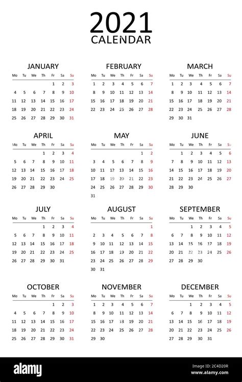 2021 Calendar Template Simple Black And White Design Week Starts