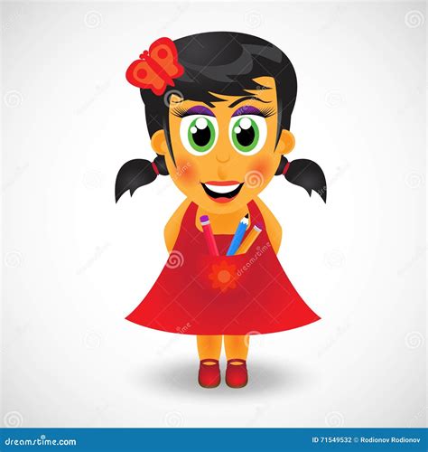 Little Girl In Red Dress With Pencils Stock Vector Illustration Of