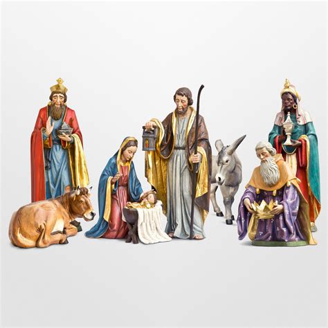 Large Nativity Set With 8 Figurines Handcarved Art