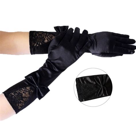 women sexy white black lace patchwork satin gloves with bowknot clubwear party dance performance