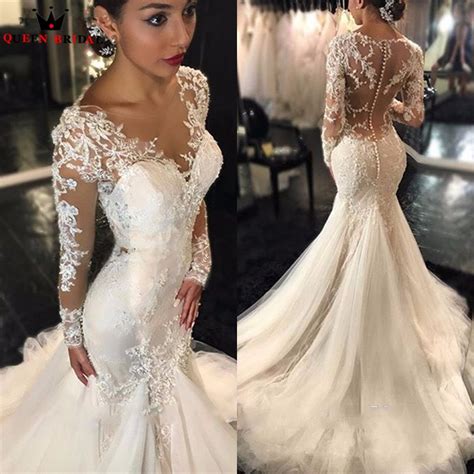 Luxury Wedding Dresses Mermaid Long Sleeve Lace Beading Sequins Sexy Long Bridal Wedding Gowns