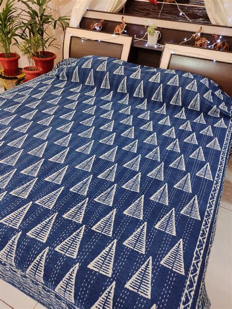 Indigo Blue Kantha Bedspread Indian Kantha Quilt Block Printed Etsy