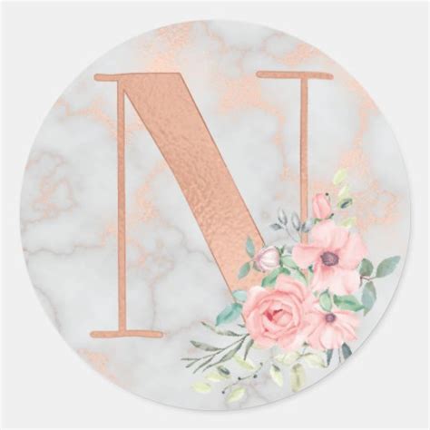 Rose Gold Marble Pink Flowers Monogram Letter N Classic Round Sticker