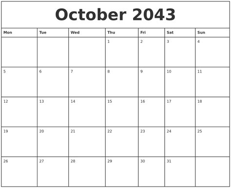 October 2043 Printable Monthly Calendar