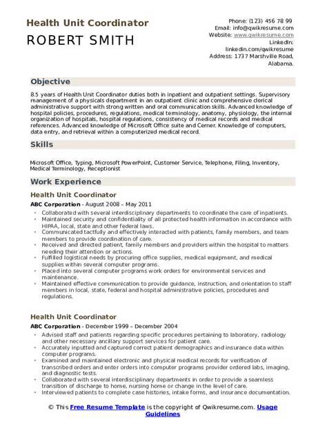 health unit coordinator job description resume tipitents