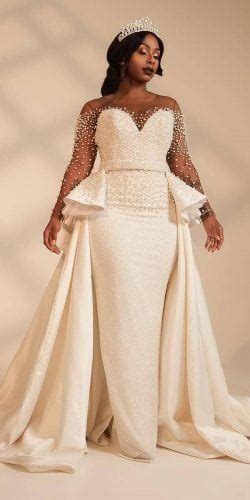 Pearl Beaded Long Sleeve Plus Size Wedding Gown Darius Fashions