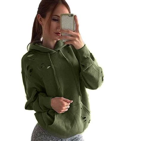 2017 womens hip hop army green hoodies pullovers tracksuit with holes pockets hooded sweatshirt
