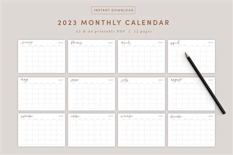 2023 Monthly Calendar Landscape A3 And A4 Printable Calendar Etsy España