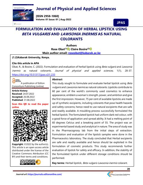 Pdf Formulation And Evaluation Of Herbal Lipstick Using Beta Vulgaris