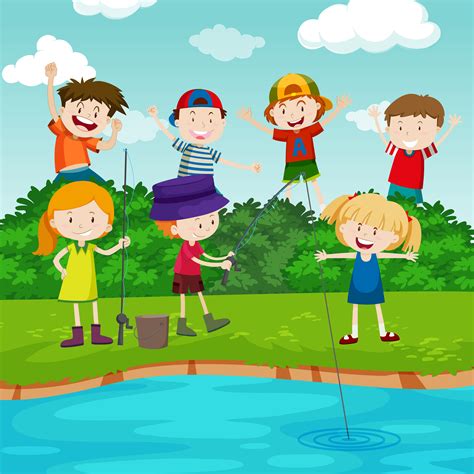 Happy Children Fishing In The Park 430991 Vector Art At Vecteezy