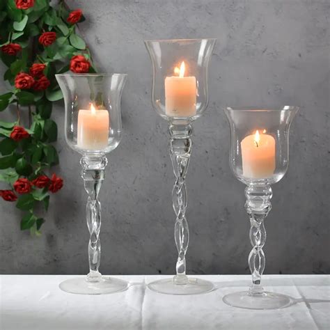 Candleholder Sets Wedding Glass Stem Hurricanes Set Of 3 Tall Glass