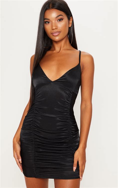 Black Satin Ruched Bodycon Dress Dresses Prettylittlething Ca
