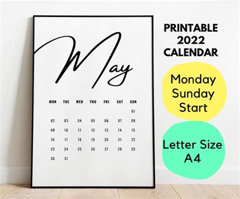 2022 Calendar Portrait Monday Start Sunday Start A4 Us Etsy