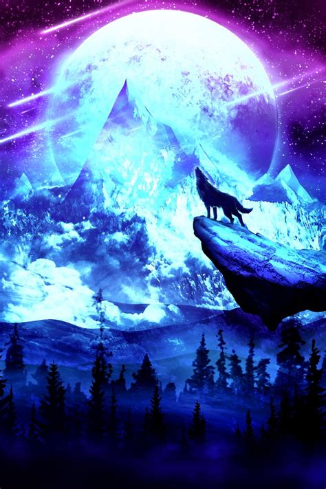 Download Wallpaper 800x1200 Wolf Moon Night Mountains