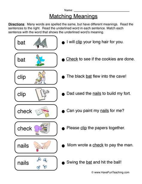 Matching Multiple Meaning Worksheet By Teach Simple