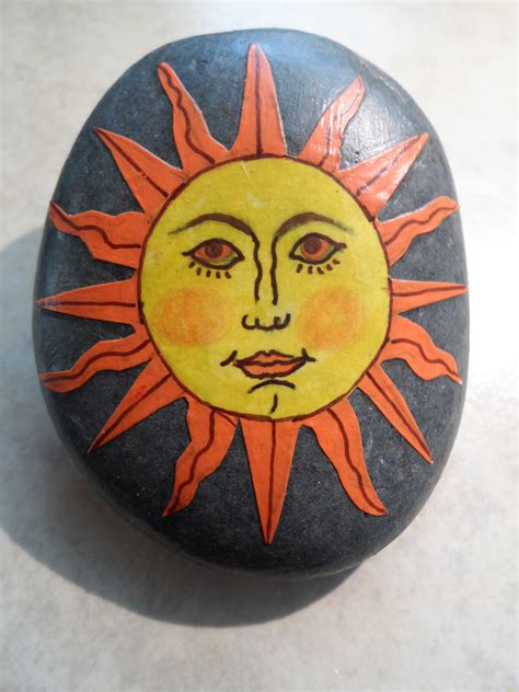 Hand Painted Sun Face On Rock Stone Mbr Rock Painting Art Hand
