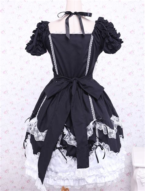 Cheap Black And White Cotton Square Neck Gothic Lace Trim Lolita Dress