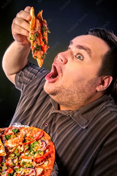 Diet Failure Of Fat Man Eating Fast Food Slice Pizza On Plate Close Up