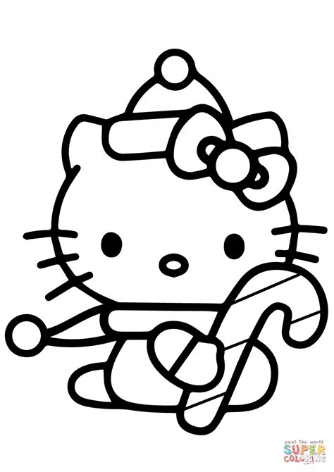 Hello Kitty With Christmas Candy Cane Coloring Page Free Printable