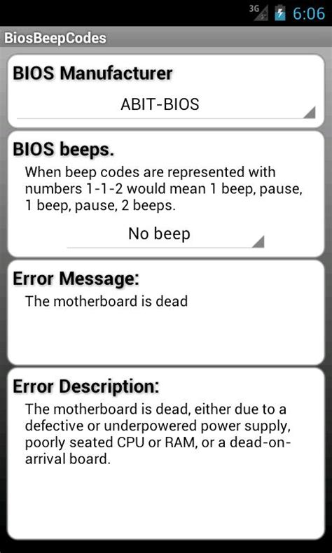 However the generated post codes depends on which bios you are using. BIOS Beep computer error codes - Android Apps on Google Play