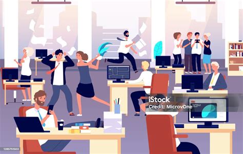 Chaos In Workplace Sleepy Lazy Unorganized Employees In Office Bad