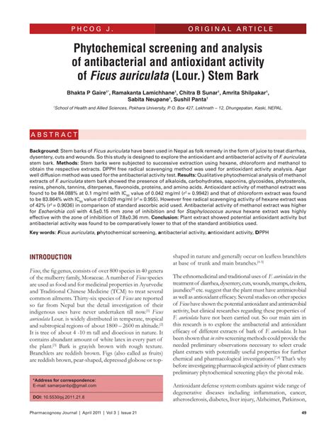 pdf phytochemical screening and analysis of antibacterial and antioxidant activity of ficus