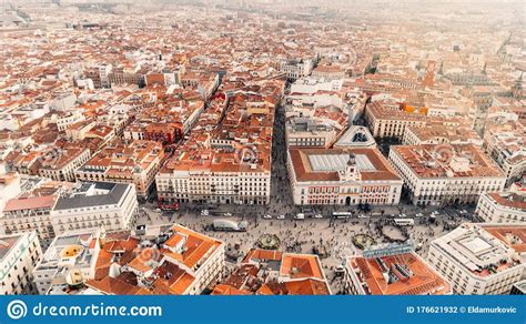 Aerial View Of The Puerta Del Sol In The City Center Of Madrid Spain