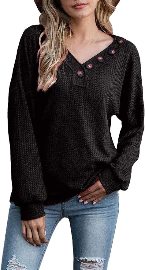 Womens Waffle Knit Shirts V Neck Long Sleeve Casual Slouchy Blouses