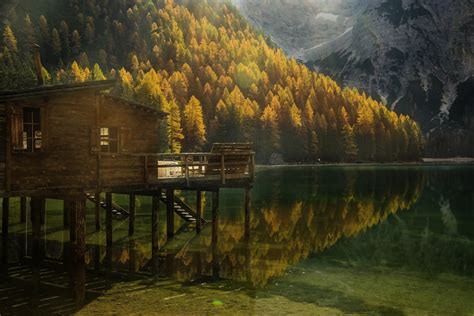 Landscape Nature Fall Forest Mountain Lake Cabin Reflection