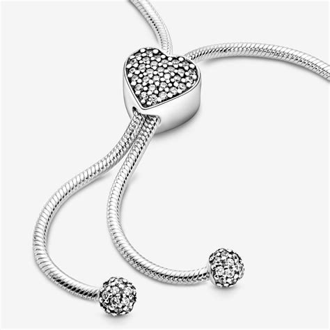 Pandora Moments Pavé Heart Clasp Snake Chain Slider Bracelet Sterling